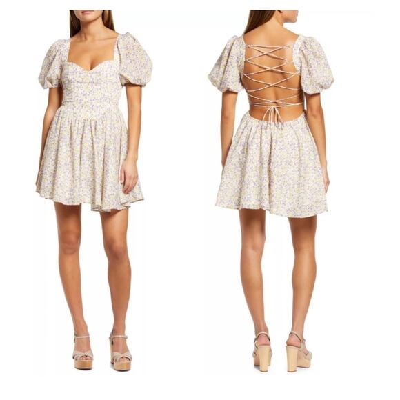 Bardot Revolve Marlie Sweetheart Neck Puff Sleeve Floral Mini Dress Medium - Picture 3 of 13